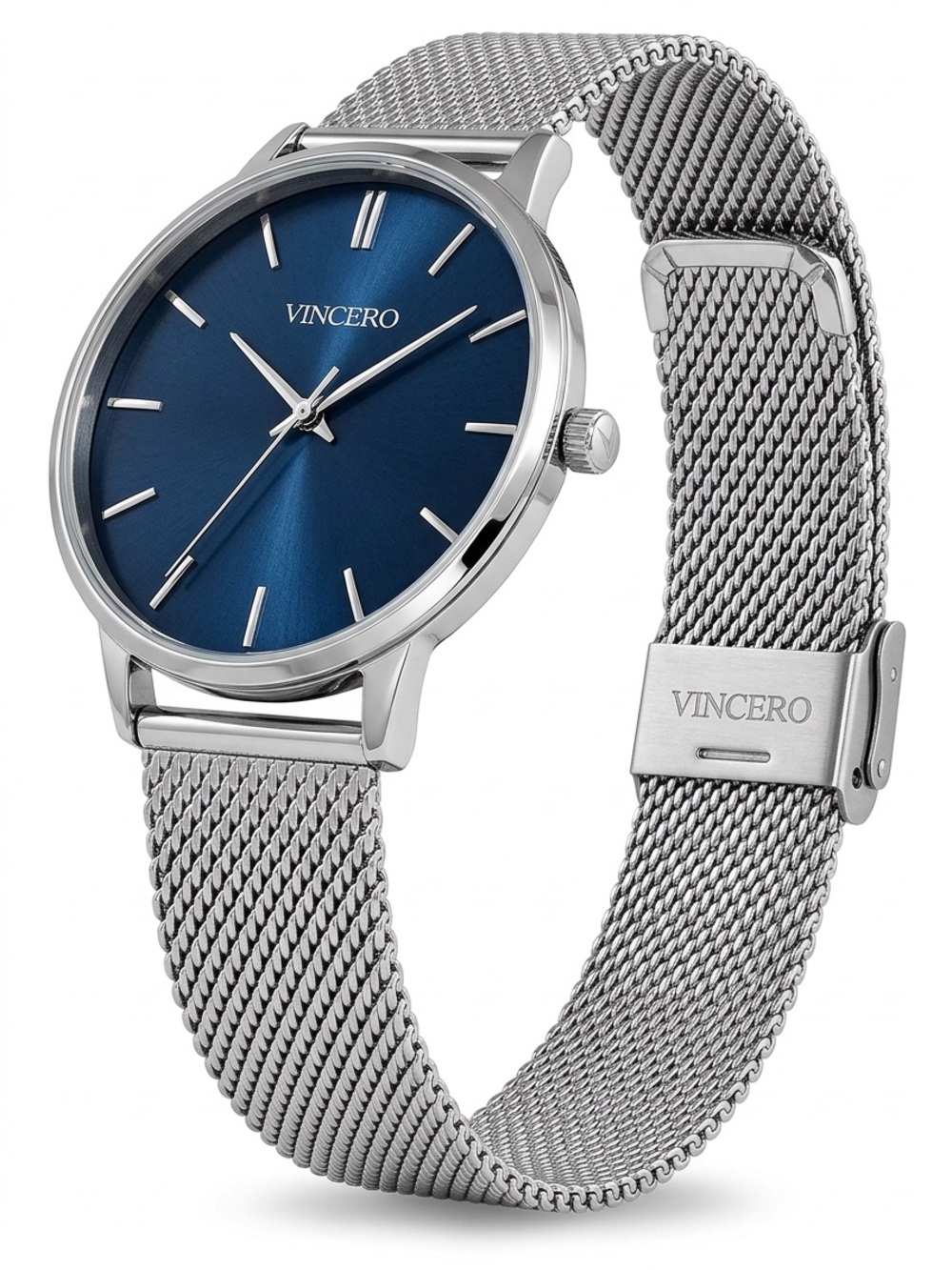 Vincero Silver Mesh Watch with Blue Dial